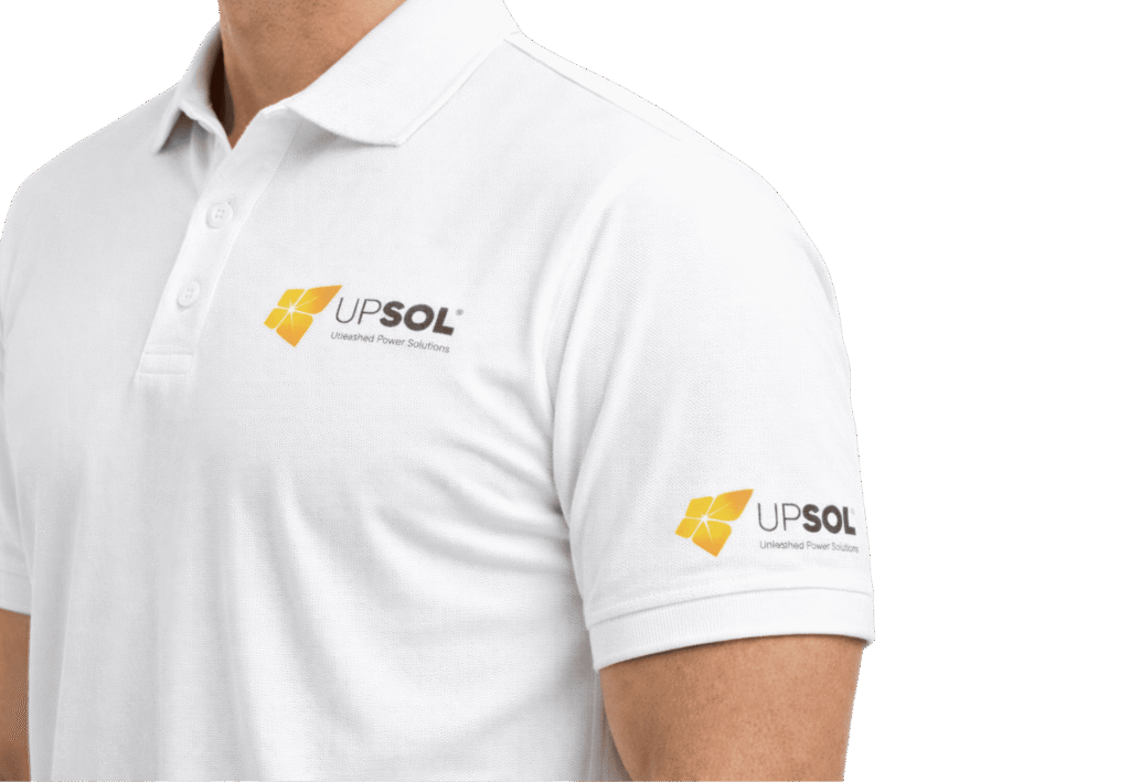 White custom polo shirt with chest and sleeve logo printing
