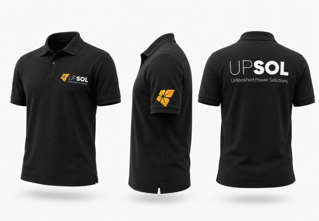 Black custom polo shirt with large back logo print for branded uniforms