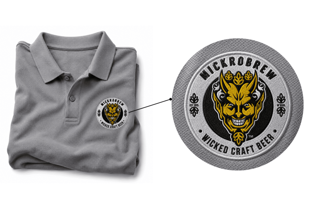 Grey polo shirt featuring a detailed embroidered Mickrobrew logo, with a magnified close-up highlighting the quality and texture of the embroidery stitching.