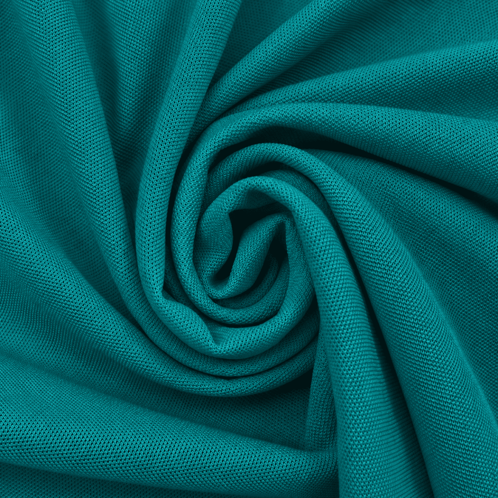 Close-up of Teal pique knit polo fabric showing texture, weave detail and premium finish.