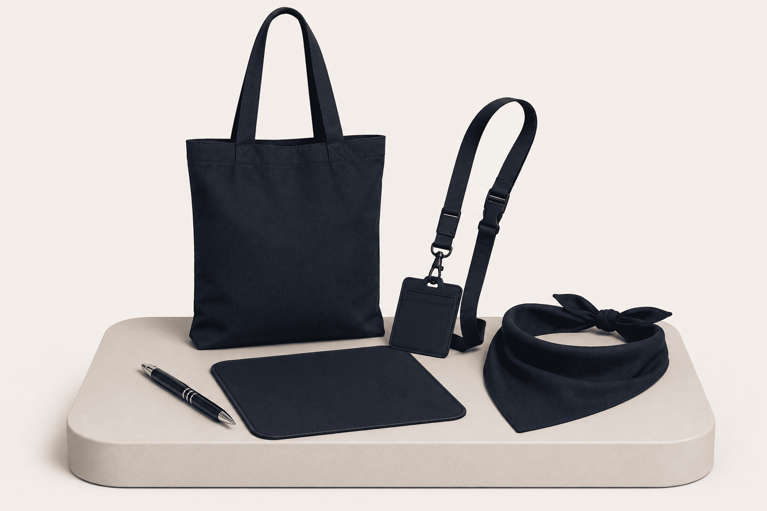 Navy branded accessories including a tote bag, lanyard, mouse mat, pen and bandana.