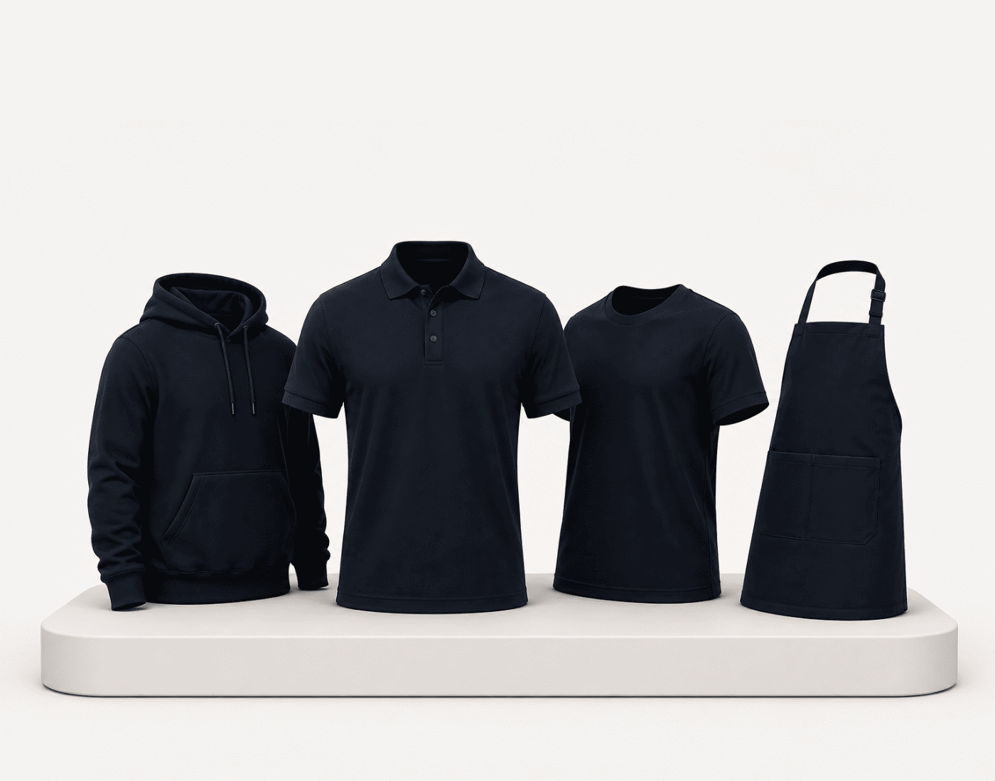 Custom branded apparel range featuring a navy polo shirt, T-shirt, hoodie and apron displayed together.