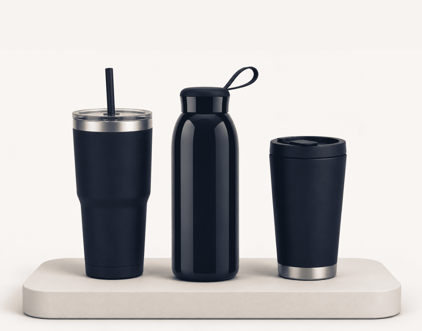 Three navy branded drinkware options: insulated tumbler with straw, reusable drink bottle and travel cup.