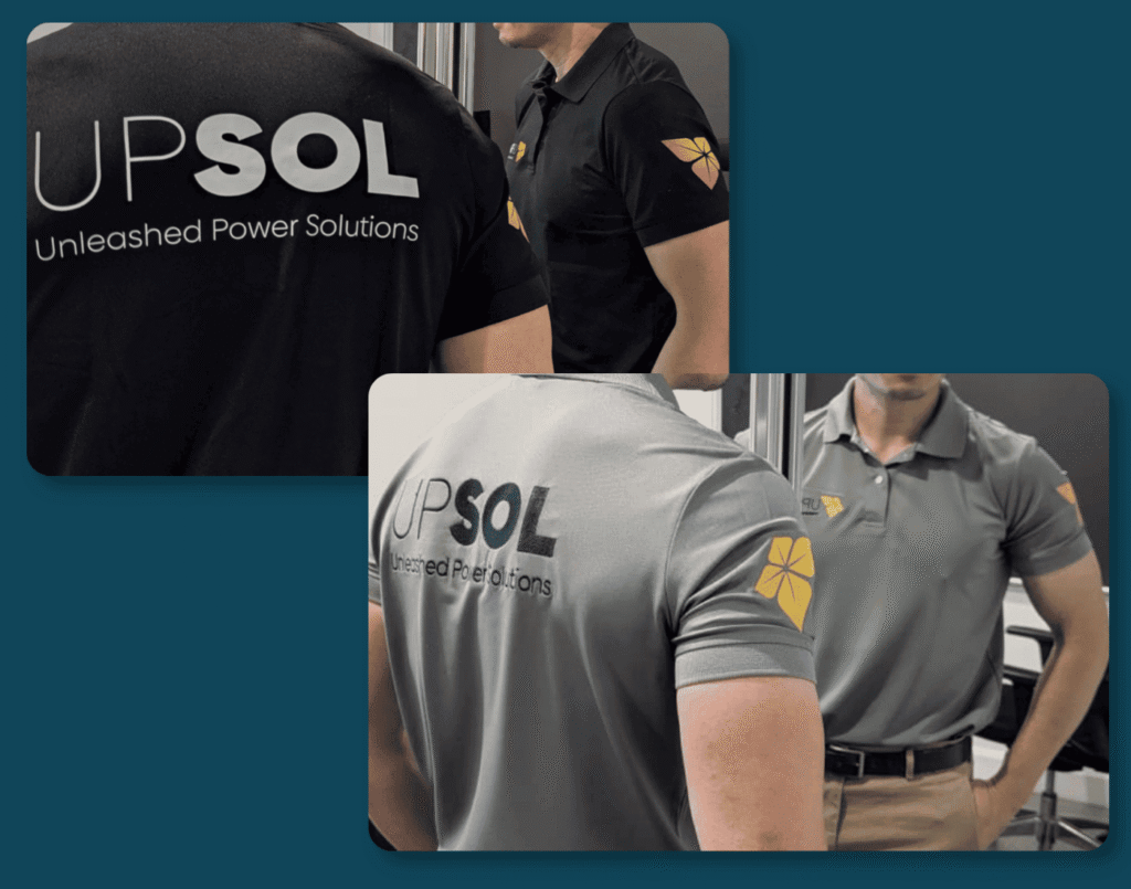 Two branded polo shirts featuring printed logos on the chest, sleeve and back, demonstrating custom logo printing for business uniforms.