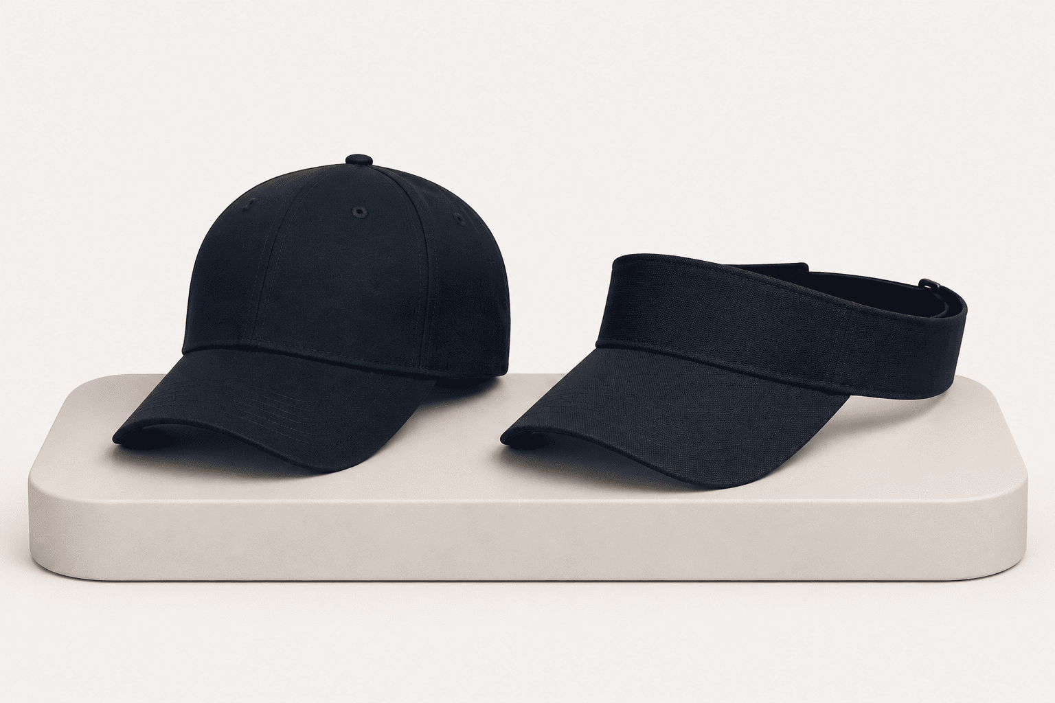 Two navy headwear options: a classic baseball cap and visor with adjustable back strap.
