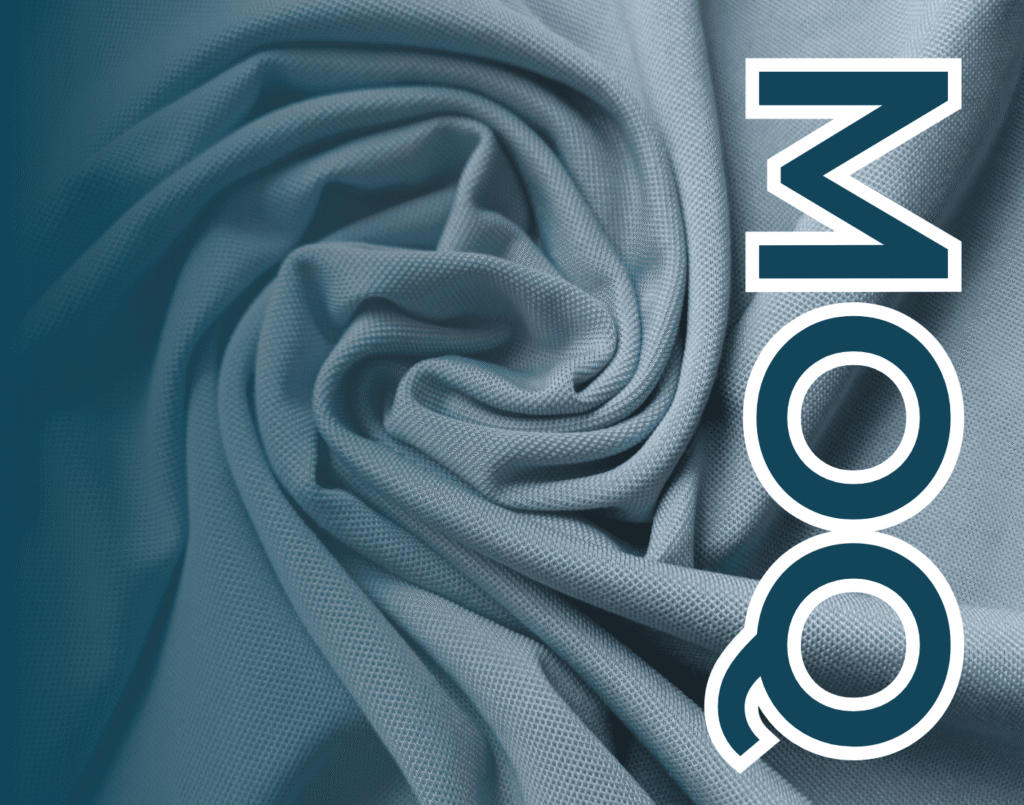Blue-toned close-up of textured fabric with large vertical “MOQ” lettering in white and dark teal.