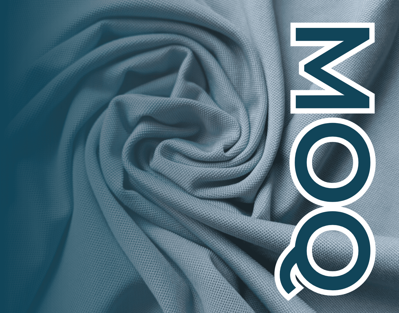 Blue-toned close-up of textured fabric with large vertical “MOQ” lettering in white and dark teal.