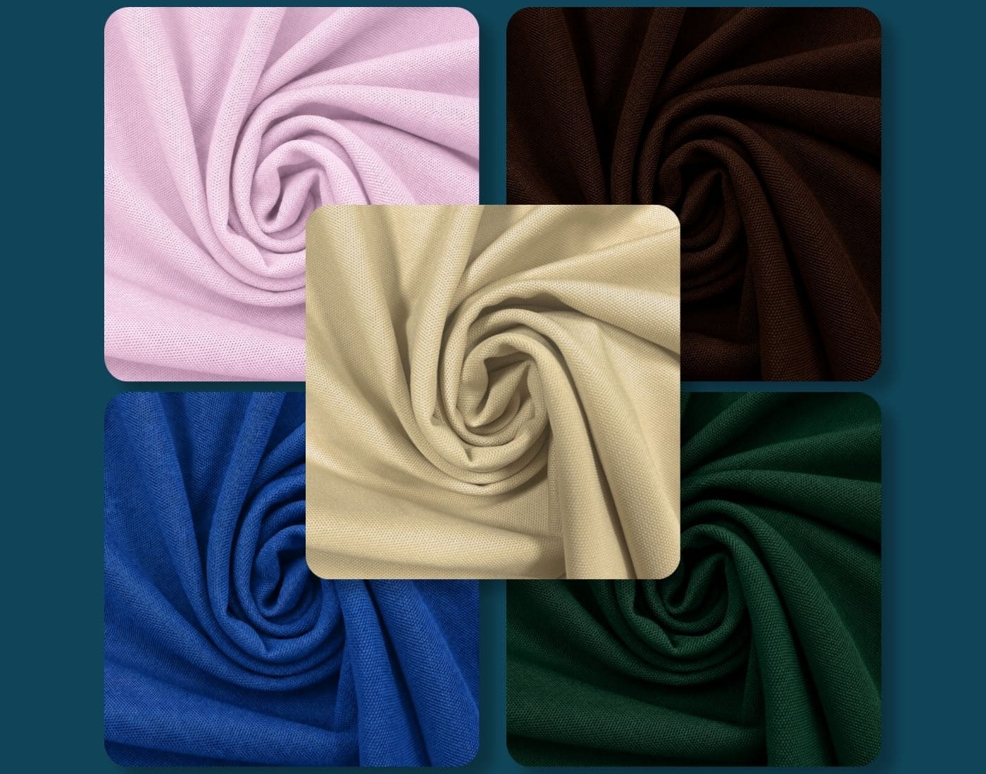 Five folded polo fabric colour swatches in pink, brown, blue, green and cream, illustrating the importance of colour selection in branded workwear.