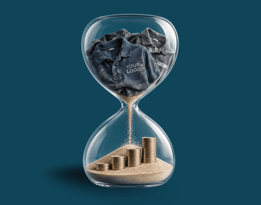 Glass hourglass containing worn branded polos, with sand falling onto stacks of coins that increase in height.