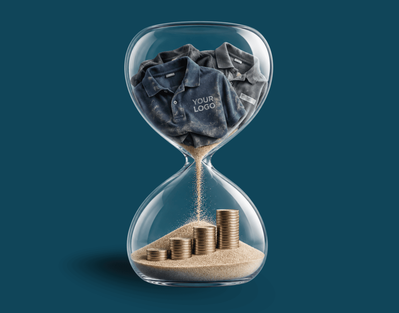 Glass hourglass containing worn branded polos, with sand falling onto stacks of coins that increase in height.